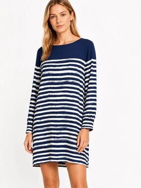 Vince 100% Silk Tunic Mini Dress S Blue Ivory Abstract Brushstroke Stripe Luxury